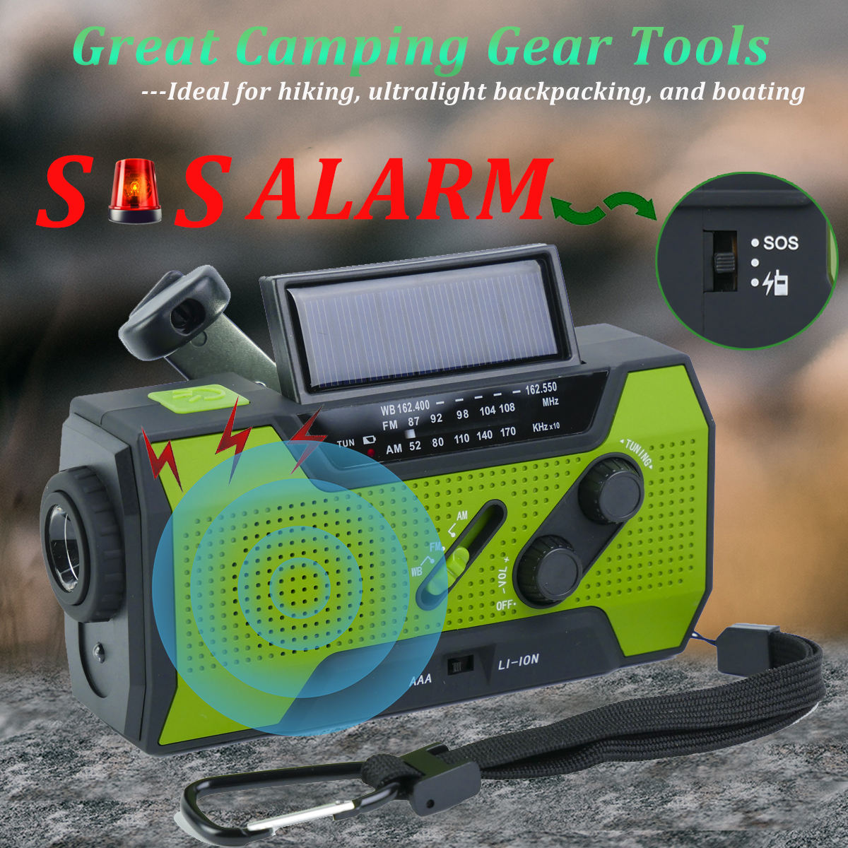 Portable 2000mAh Emergency Weather Radio with NOAA/AM/FM, Solar Hand Crank Charging, SOS Alarm, Flashlight, Pop-Up Reading Light, and 4-Way Power