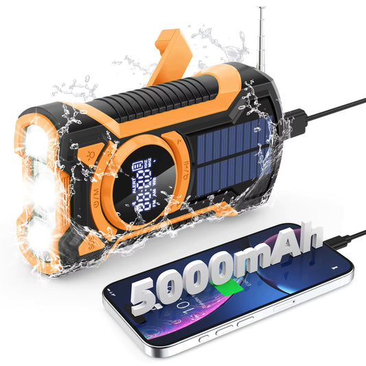 5000mAh IPX5 Emergency Solar Hand Crank Radio with Large Digital LED Display, Bluetooth Speaker, AM/FM/NOAA, USB Phone Charger, SOS Alarm, Reading Light, and Military-Grade Ruggedized Drop-Proof Housing
