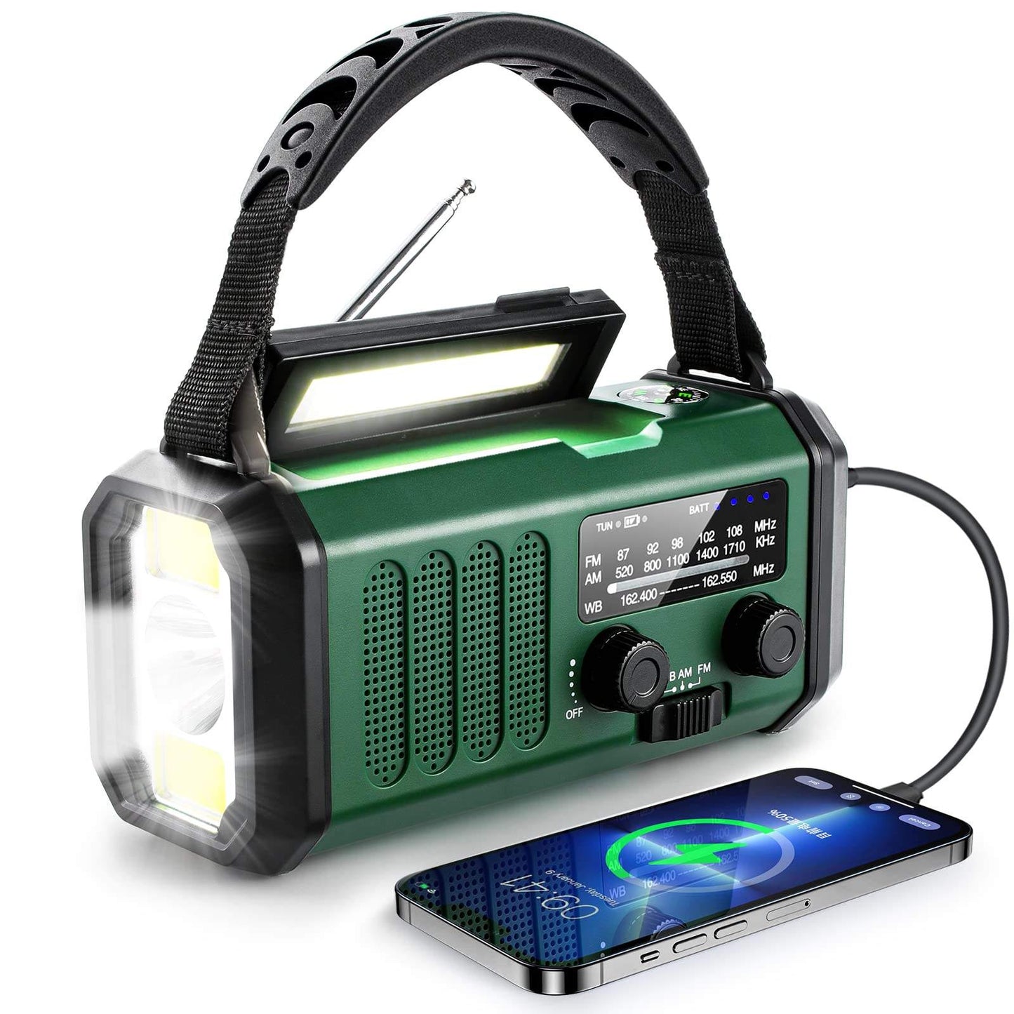 10,000mAh Emergency Weather Radio with Compass Solar, Hand Crank, USB Charging, AM/FM/Shortwave/NOAA Alerts, Flashlight, Reading Light, and Power Bank