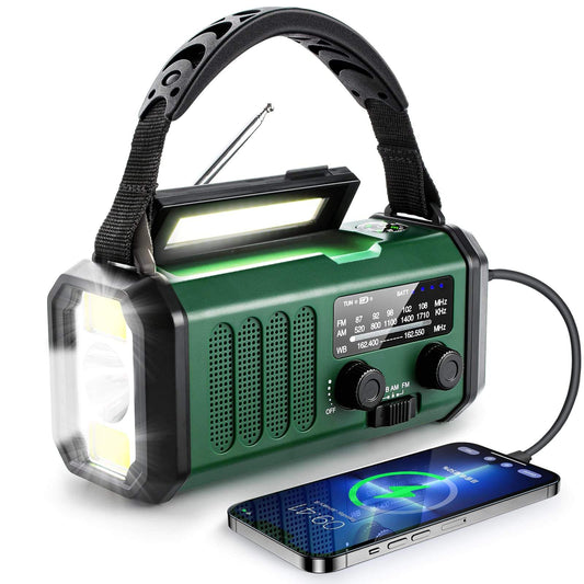 10,000mAh Emergency Weather Radio with Compass Solar, Hand Crank, USB Charging, AM/FM/Shortwave/NOAA Alerts, Flashlight, Reading Light, and Power Bank