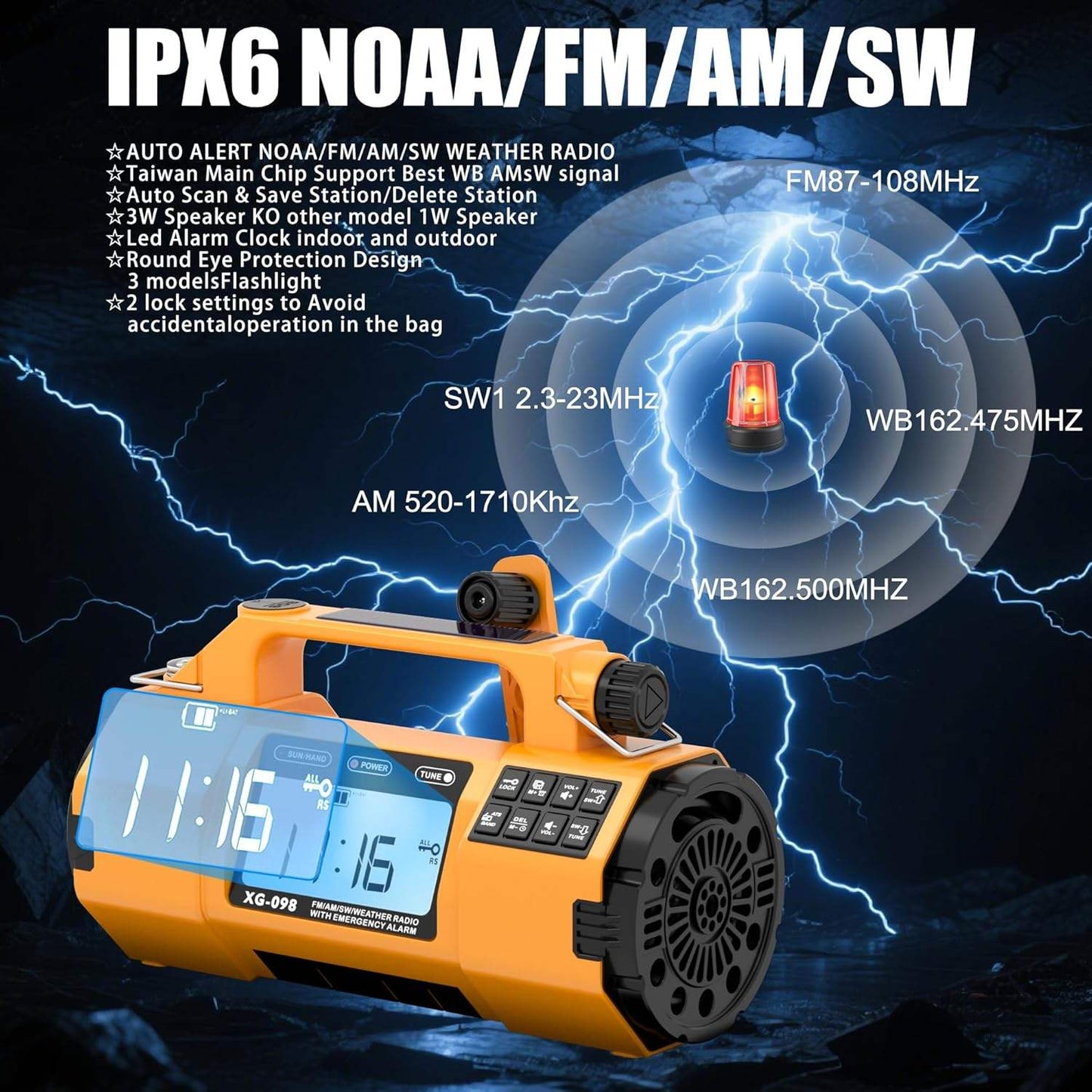 5000mAh IPX6 Digital Emergency Weather Radio with NOAA/AM/FM/SW/LW/MW, Solar, Hand Crank, AAA Battery Backup, Large LED Display, Alarm Clock, Spotlight Flashlight, 110dB Panic Alarm, and Phone Charging