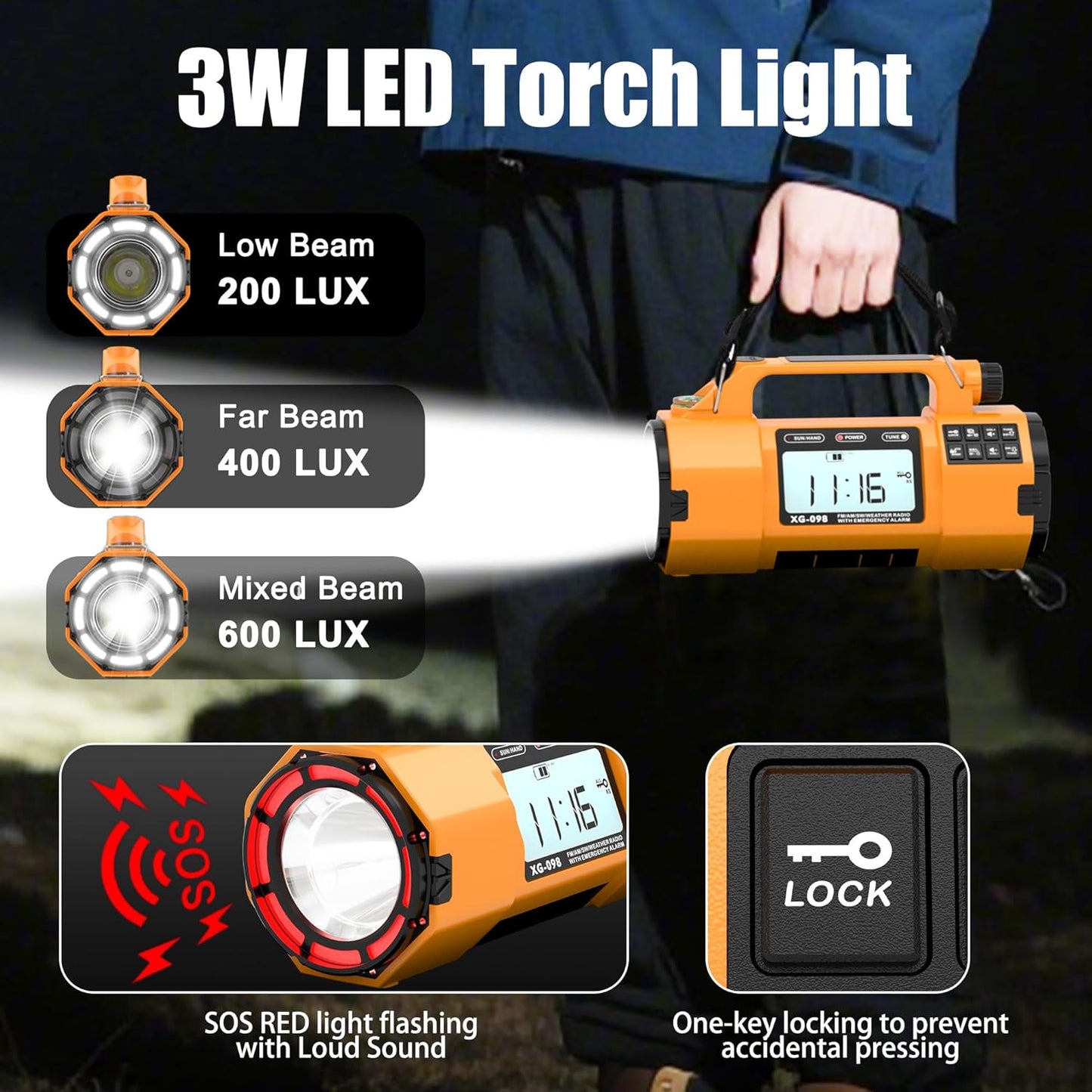 5000mAh IPX6 Digital Emergency Weather Radio with NOAA/AM/FM/SW/LW/MW, Solar, Hand Crank, AAA Battery Backup, Large LED Display, Alarm Clock, Spotlight Flashlight, 110dB Panic Alarm, and Phone Charging