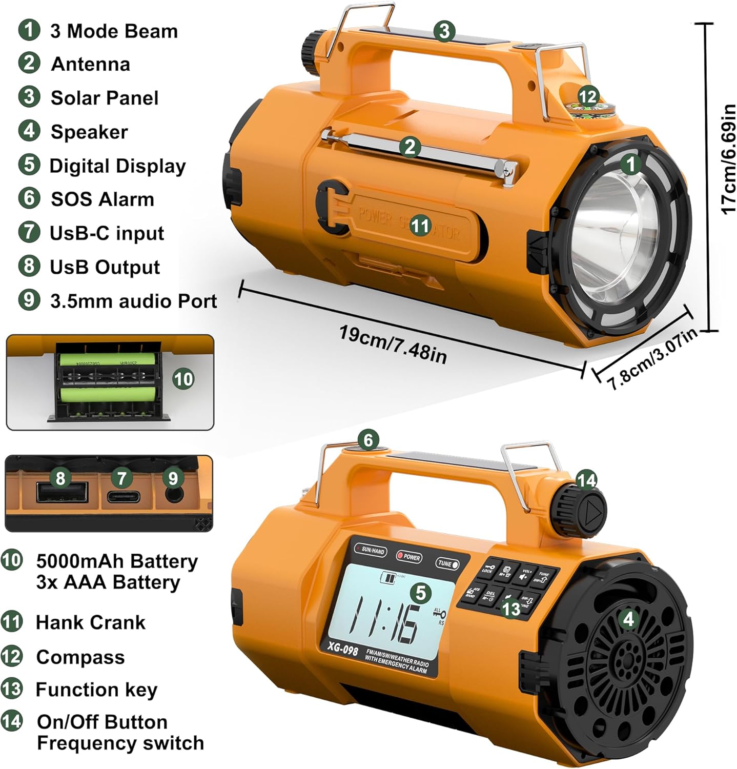 5000mAh IPX6 Digital Emergency Weather Radio with NOAA/AM/FM/SW/LW/MW, Solar, Hand Crank, AAA Battery Backup, Large LED Display, Alarm Clock, Spotlight Flashlight, 110dB Panic Alarm, and Phone Charging