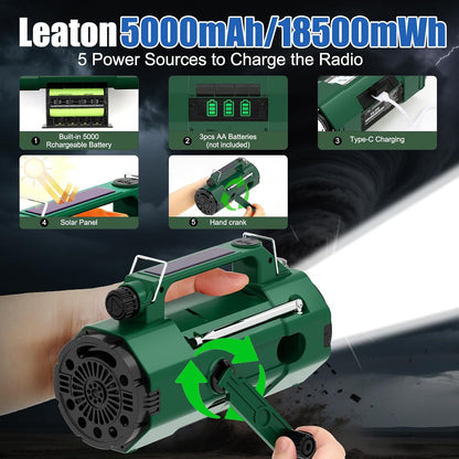 5000mAh IPX6 Digital Emergency Weather Radio with NOAA/AM/FM/SW/LW/MW, Solar, Hand Crank, AAA Battery Backup, Large LED Display, Alarm Clock, Spotlight Flashlight, 110dB Panic Alarm, and Phone Charging