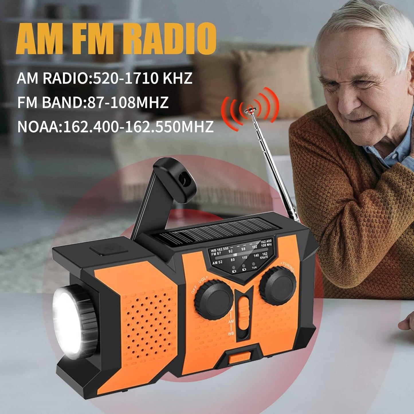 Portable Emergency Weather Radio with 2000mAh Phone Charger, AM/FM/NOAA, High-Efficiency Solar Power, LED Flashlight, SOS Alarm, and Hand Crank Backup