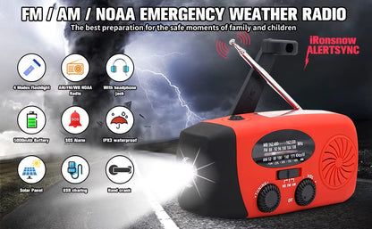 7-Band Emergency Weather AM/FM/WB Radio with NOAA Alerts, Flashlight, Phone Charger, Solar, USB, and Hand Crank Charging