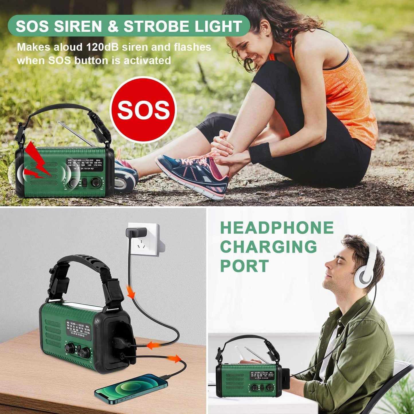 20,000mAh Survival Weather Radio with Solar, Hand Crank, NOAA AM/FM Dual Phone Charging, 120dB Alarm, Compass, Fire Starter, and Knife