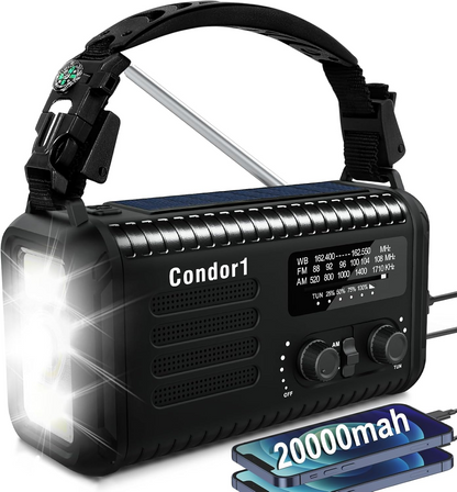 20,000mAh Survival Weather Radio with Solar, Hand Crank, NOAA AM/FM Dual Phone Charging, 120dB Alarm, Compass, Fire Starter, and Knife