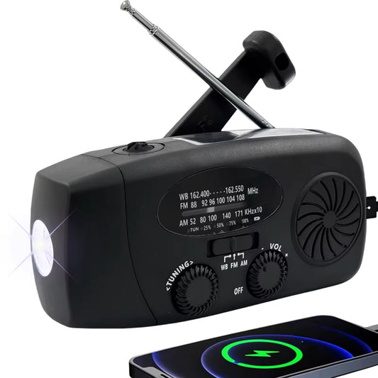 7-Band Emergency Weather AM/FM/WB Radio with NOAA Alerts, Flashlight, Phone Charger, Solar, USB, and Hand Crank Charging