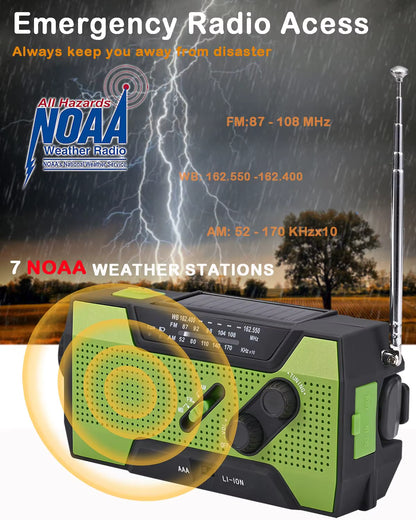 Portable 2000mAh Emergency Weather Radio with NOAA/AM/FM, Solar Hand Crank Charging, SOS Alarm, Flashlight, Pop-Up Reading Light, and 4-Way Power