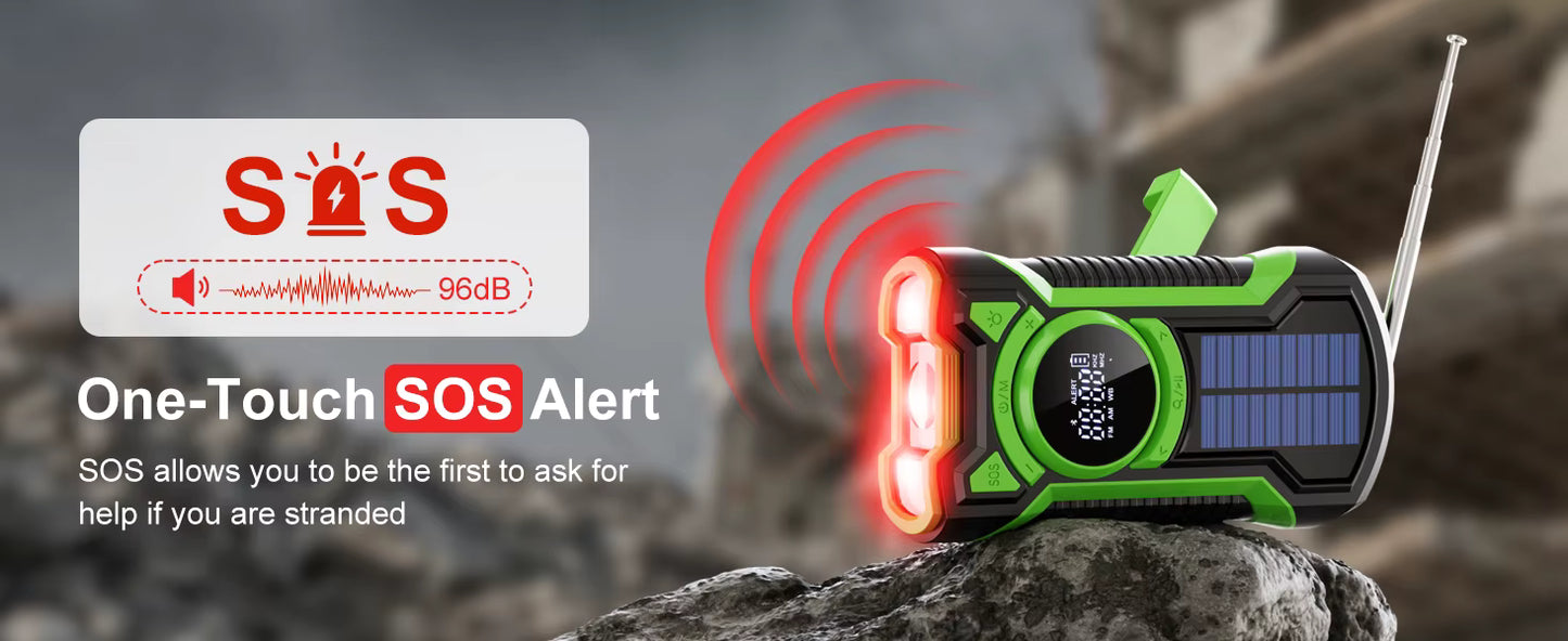 5000mAh IPX5 Emergency Solar Hand Crank Radio with Large Digital LED Display, Bluetooth Speaker, AM/FM/NOAA, USB Phone Charger, SOS Alarm, Reading Light, and Military-Grade Ruggedized Drop-Proof Housing