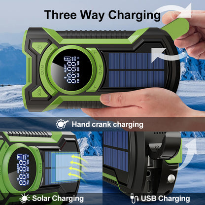 5000mAh IPX5 Emergency Solar Hand Crank Radio with Large Digital LED Display, Bluetooth Speaker, AM/FM/NOAA, USB Phone Charger, SOS Alarm, Reading Light, and Military-Grade Ruggedized Drop-Proof Housing