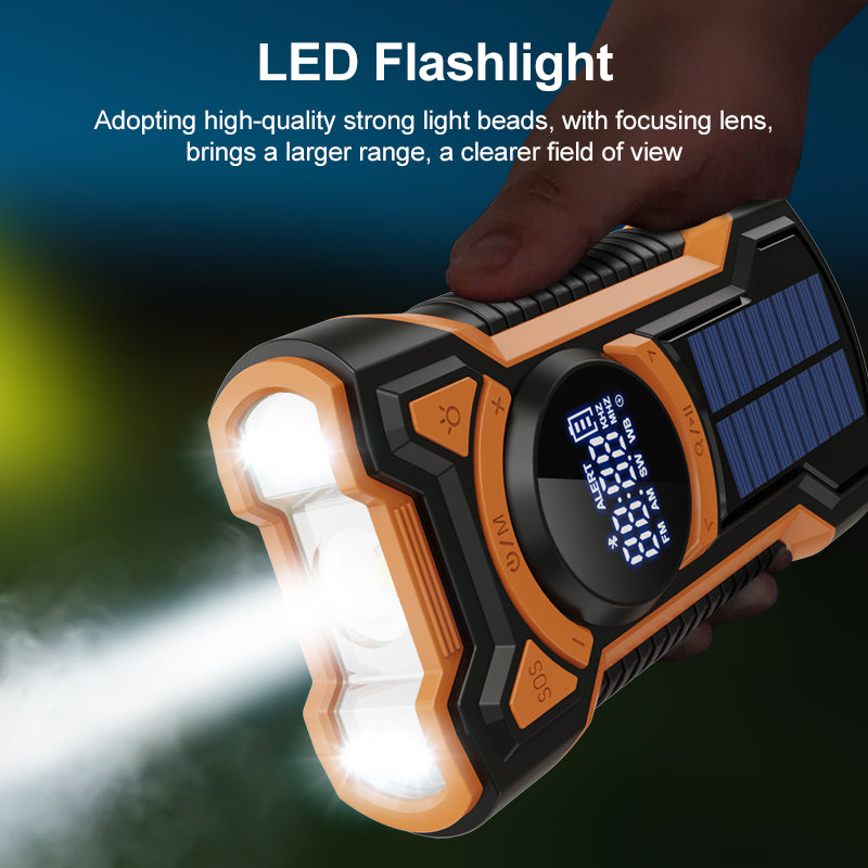 5000mAh IPX5 Emergency Solar Hand Crank Radio with Large Digital LED Display, Bluetooth Speaker, AM/FM/NOAA, USB Phone Charger, SOS Alarm, Reading Light, and Military-Grade Ruggedized Drop-Proof Housing