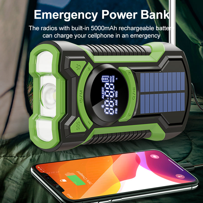 5000mAh IPX5 Emergency Solar Hand Crank Radio with Large Digital LED Display, Bluetooth Speaker, AM/FM/NOAA, USB Phone Charger, SOS Alarm, Reading Light, and Military-Grade Ruggedized Drop-Proof Housing