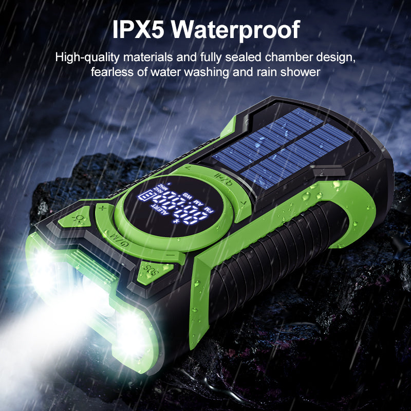 5000mAh IPX5 Emergency Solar Hand Crank Radio with Large Digital LED Display, Bluetooth Speaker, AM/FM/NOAA, USB Phone Charger, SOS Alarm, Reading Light, and Military-Grade Ruggedized Drop-Proof Housing
