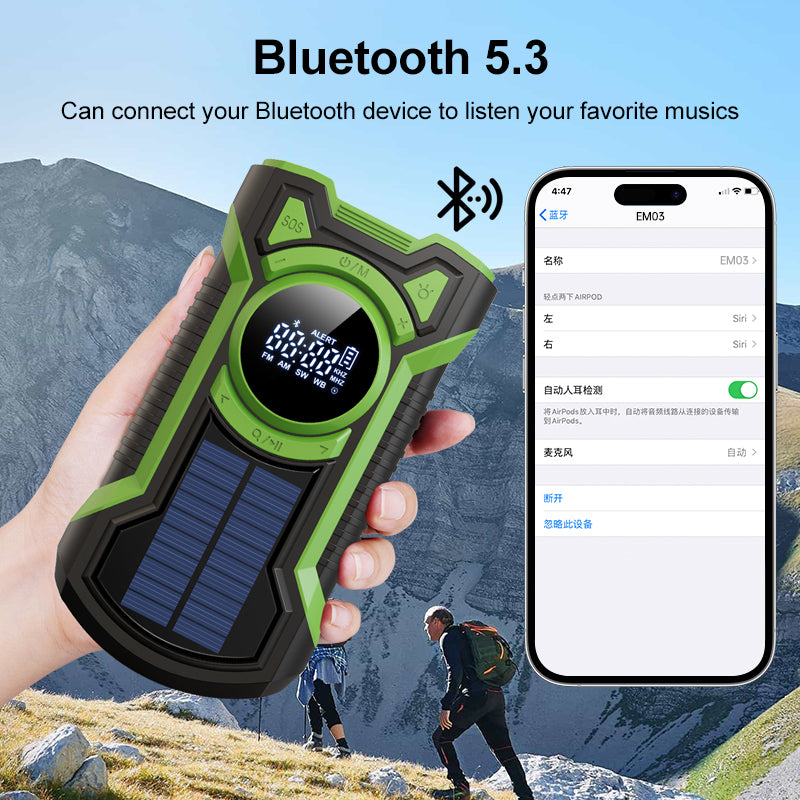 5000mAh IPX5 Emergency Solar Hand Crank Radio with Large Digital LED Display, Bluetooth Speaker, AM/FM/NOAA, USB Phone Charger, SOS Alarm, Reading Light, and Military-Grade Ruggedized Drop-Proof Housing