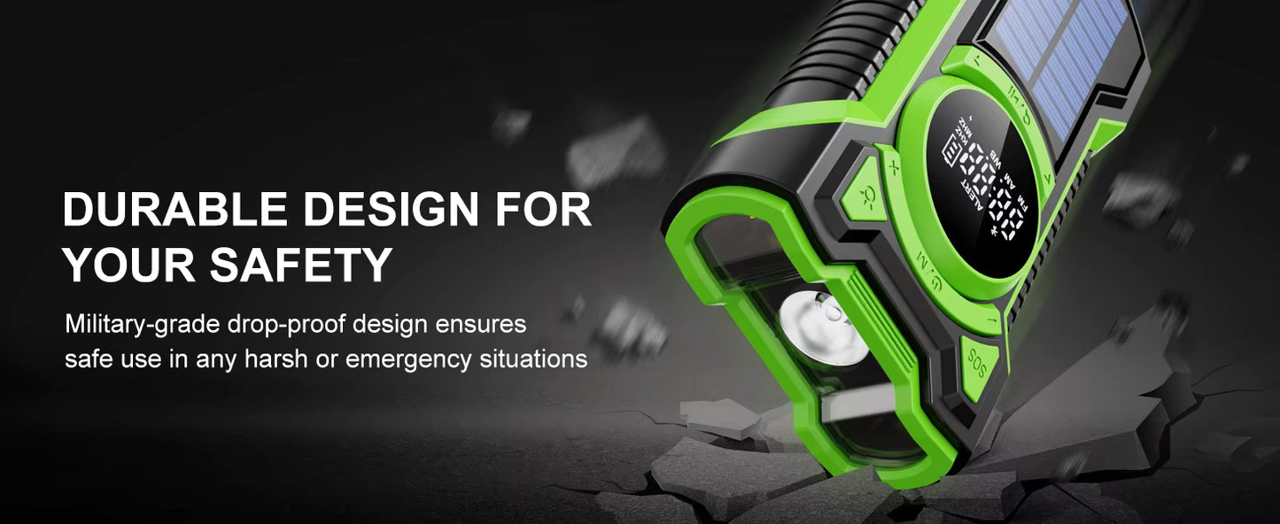 5000mAh IPX5 Emergency Solar Hand Crank Radio with Large Digital LED Display, Bluetooth Speaker, AM/FM/NOAA, USB Phone Charger, SOS Alarm, Reading Light, and Military-Grade Ruggedized Drop-Proof Housing