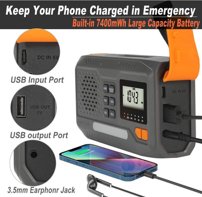 Digital Display Emergency Weather Radio with AM/FM/NOAA, Cell Phone Charger, Solar, Hand Crank, Flashlight, SOS Alarm, and Night Light