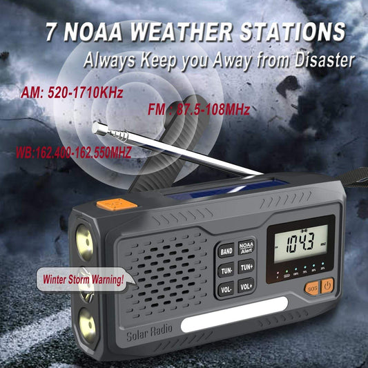 Digital Display Emergency Weather Radio with AM/FM/NOAA, Cell Phone Charger, Solar, Hand Crank, Flashlight, SOS Alarm, and Night Light