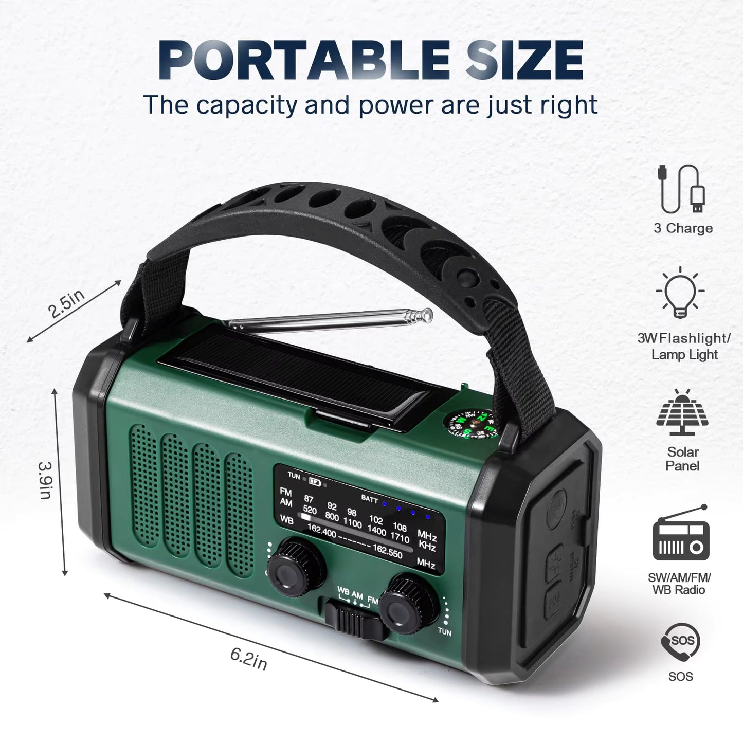 10,000mAh Emergency Weather Radio with Compass Solar, Hand Crank, USB Charging, AM/FM/Shortwave/NOAA Alerts, Flashlight, Reading Light, and Power Bank