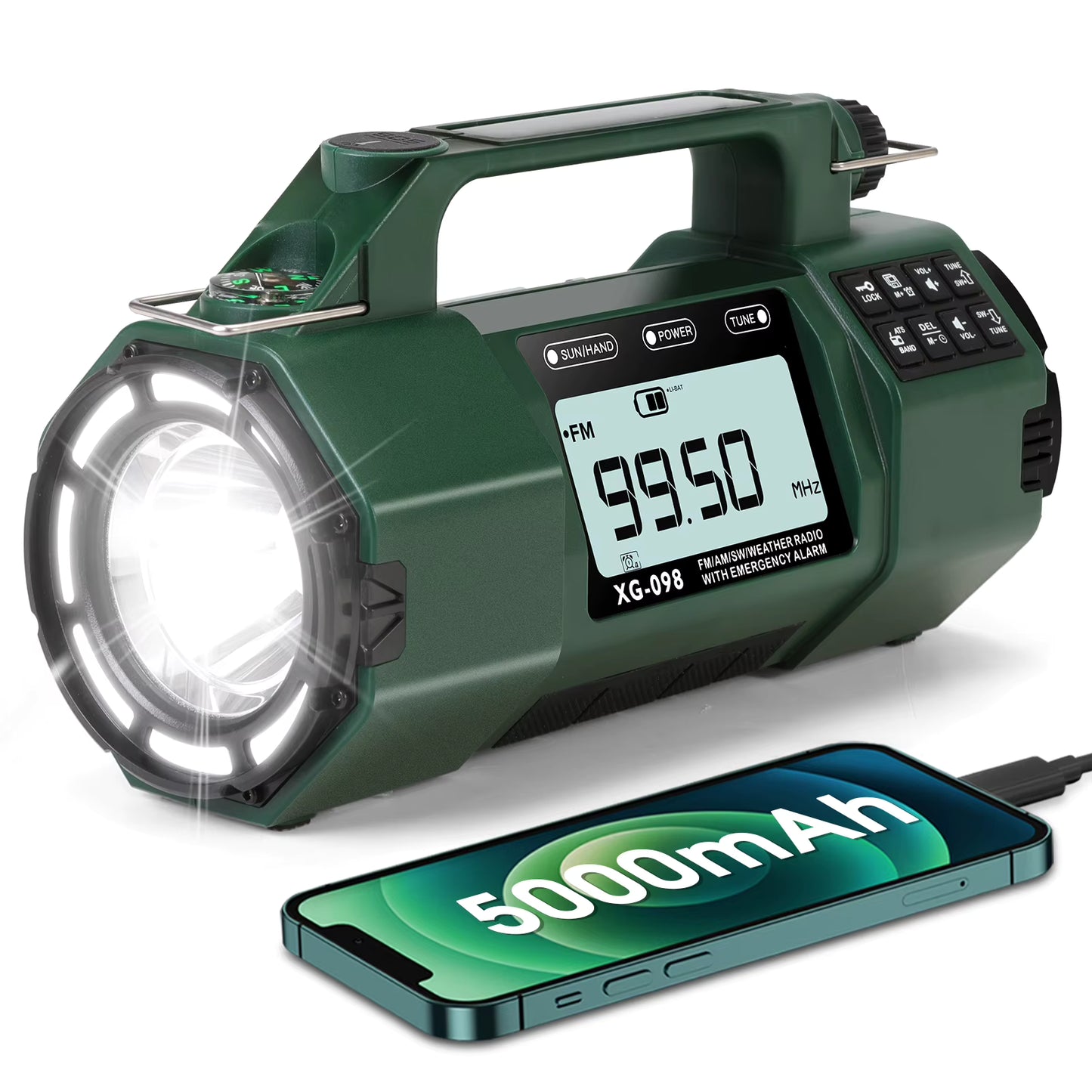 5000mAh IPX6 Digital Emergency Weather Radio with NOAA/AM/FM/SW/LW/MW, Solar, Hand Crank, AAA Battery Backup, Large LED Display, Alarm Clock, Spotlight Flashlight, 110dB Panic Alarm, and Phone Charging