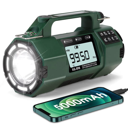 5000mAh IPX6 Digital Emergency Weather Radio with NOAA/AM/FM/SW/LW/MW, Solar, Hand Crank, AAA Battery Backup, Large LED Display, Alarm Clock, Spotlight Flashlight, 110dB Panic Alarm, and Phone Charging