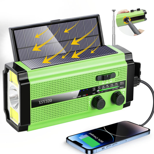 Dual Solar Panel Emergency Weather Radio with 5000mAh Power Bank, NOAA, AM/FM/SW, Flashlight, Reading Light, SOS Alarm, and Hand Crank Charging