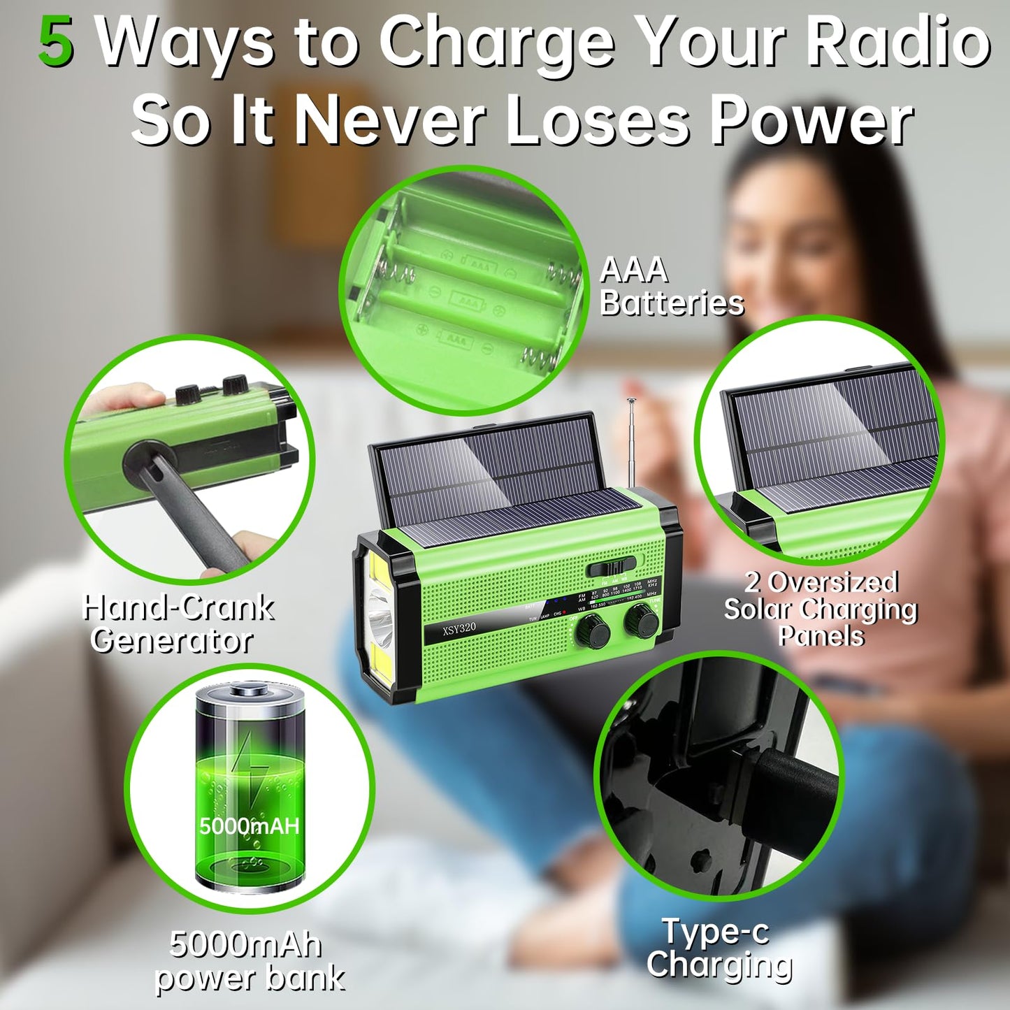 Dual Solar Panel Emergency Weather Radio with 5000mAh Power Bank, NOAA, AM/FM, Flashlight, Reading Light, SOS Alarm, and Hand Crank Charging