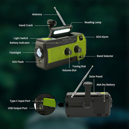 4000mAh Solar Hand Crank Emergency Weather Radio with AM/FM/NOAA, 3-Mode Flashlight, PIR Motion Sensor Reading Lamp, and Backup Power