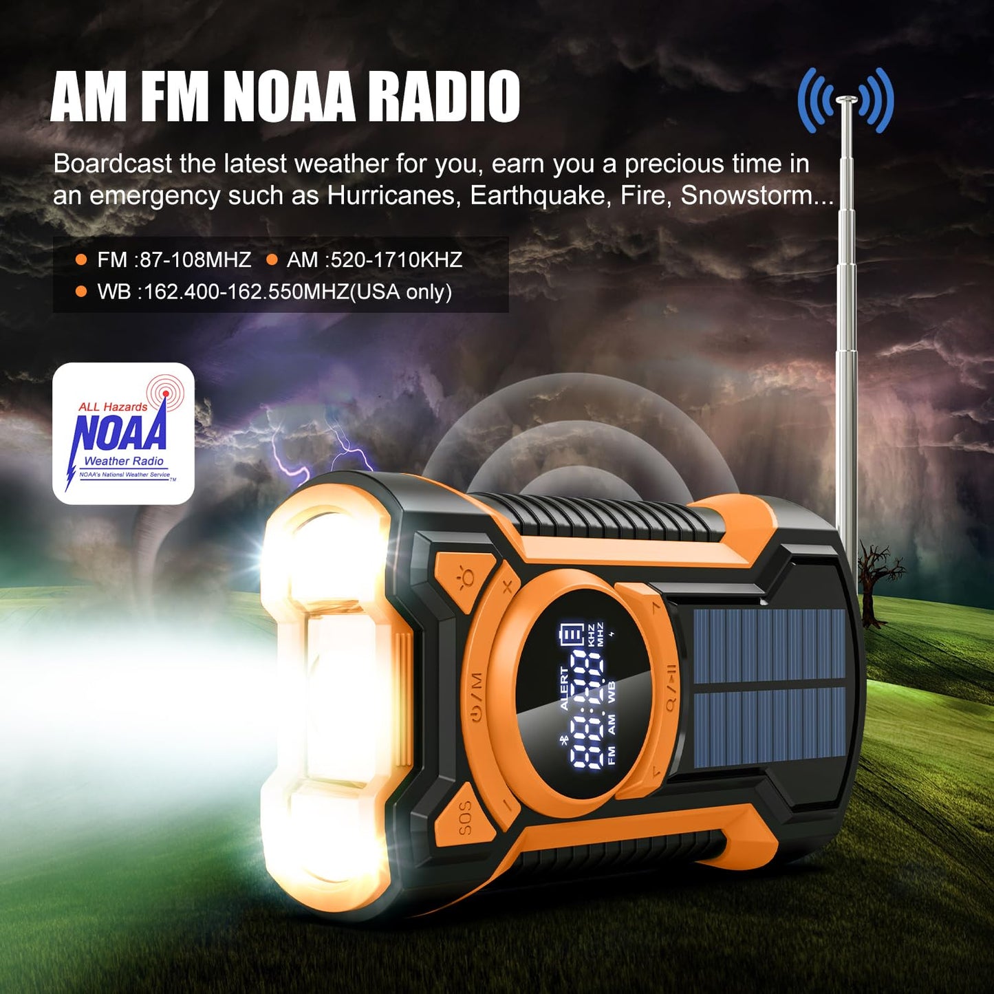 5000mAh IPX5 Emergency Solar Hand Crank Radio with Large Digital LED Display, Bluetooth Speaker, AM/FM/NOAA, USB Phone Charger, SOS Alarm, Reading Light, and Military-Grade Ruggedized Drop-Proof Housing