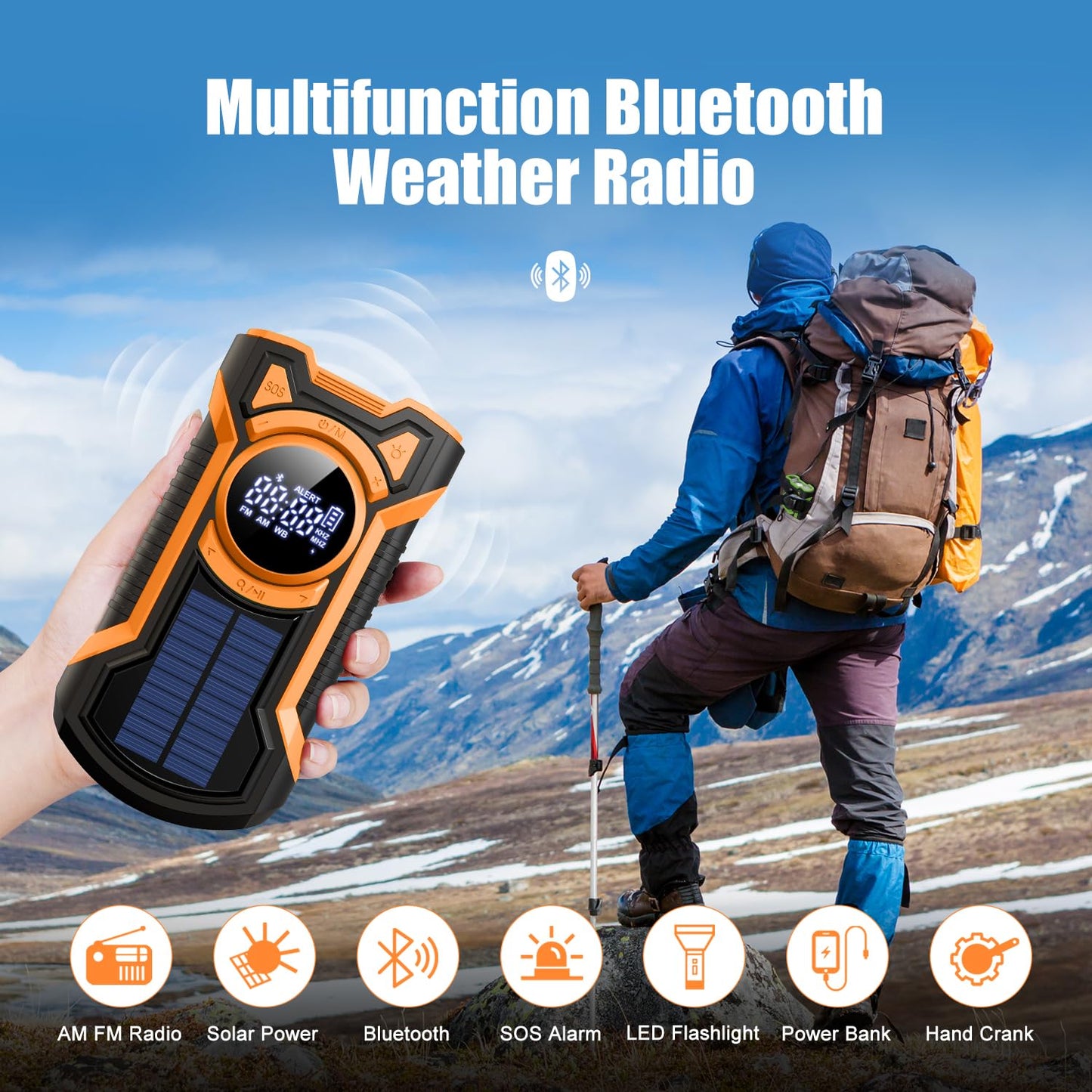 5000mAh IPX5 Emergency Solar Hand Crank Radio with Large Digital LED Display, Bluetooth Speaker, AM/FM/NOAA, USB Phone Charger, SOS Alarm, Reading Light, and Military-Grade Ruggedized Drop-Proof Housing