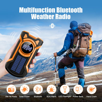 5000mAh IPX5 Emergency Solar Hand Crank Radio with Large Digital LED Display, Bluetooth Speaker, AM/FM/NOAA, USB Phone Charger, SOS Alarm, Reading Light, and Military-Grade Ruggedized Drop-Proof Housing