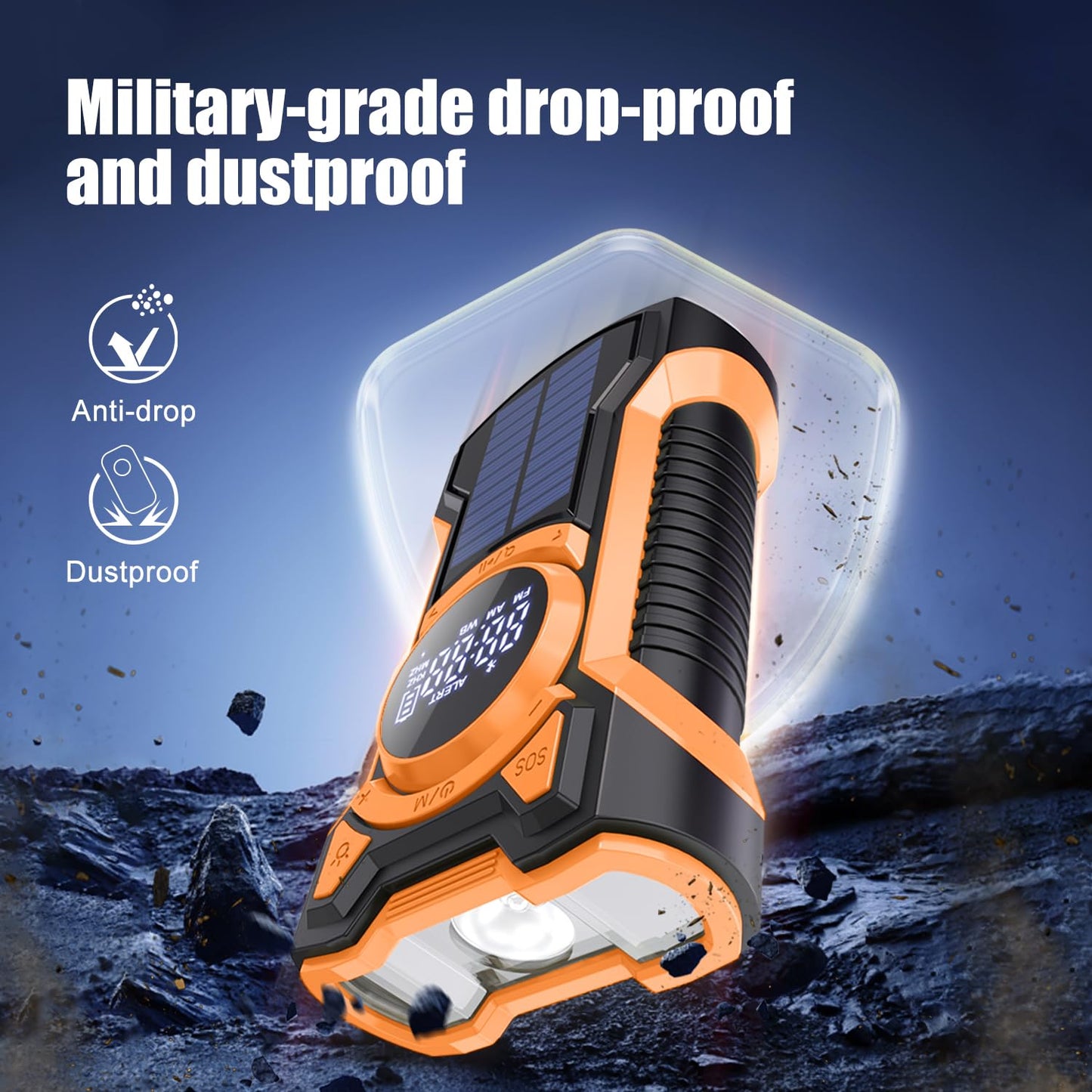 5000mAh IPX5 Emergency Solar Hand Crank Radio with Large Digital LED Display, Bluetooth Speaker, AM/FM/NOAA, USB Phone Charger, SOS Alarm, Reading Light, and Military-Grade Ruggedized Drop-Proof Housing