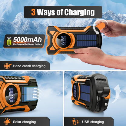 5000mAh IPX5 Emergency Solar Hand Crank Radio with Large Digital LED Display, Bluetooth Speaker, AM/FM/NOAA, USB Phone Charger, SOS Alarm, Reading Light, and Military-Grade Ruggedized Drop-Proof Housing