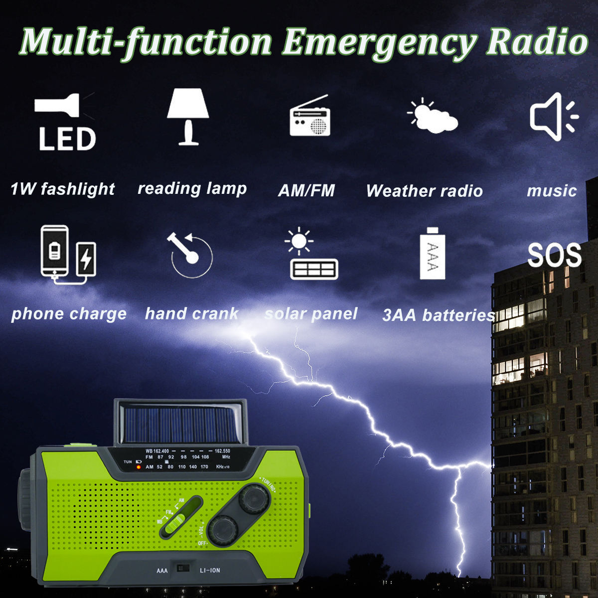 Portable 2000mAh Emergency Weather Radio with NOAA/AM/FM, Solar Hand Crank Charging, SOS Alarm, Flashlight, Pop-Up Reading Light, and 4-Way Power