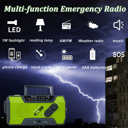 Portable 2000mAh Emergency Weather Radio with NOAA/AM/FM, Solar Hand Crank Charging, SOS Alarm, Flashlight, Pop-Up Reading Light, and 4-Way Power