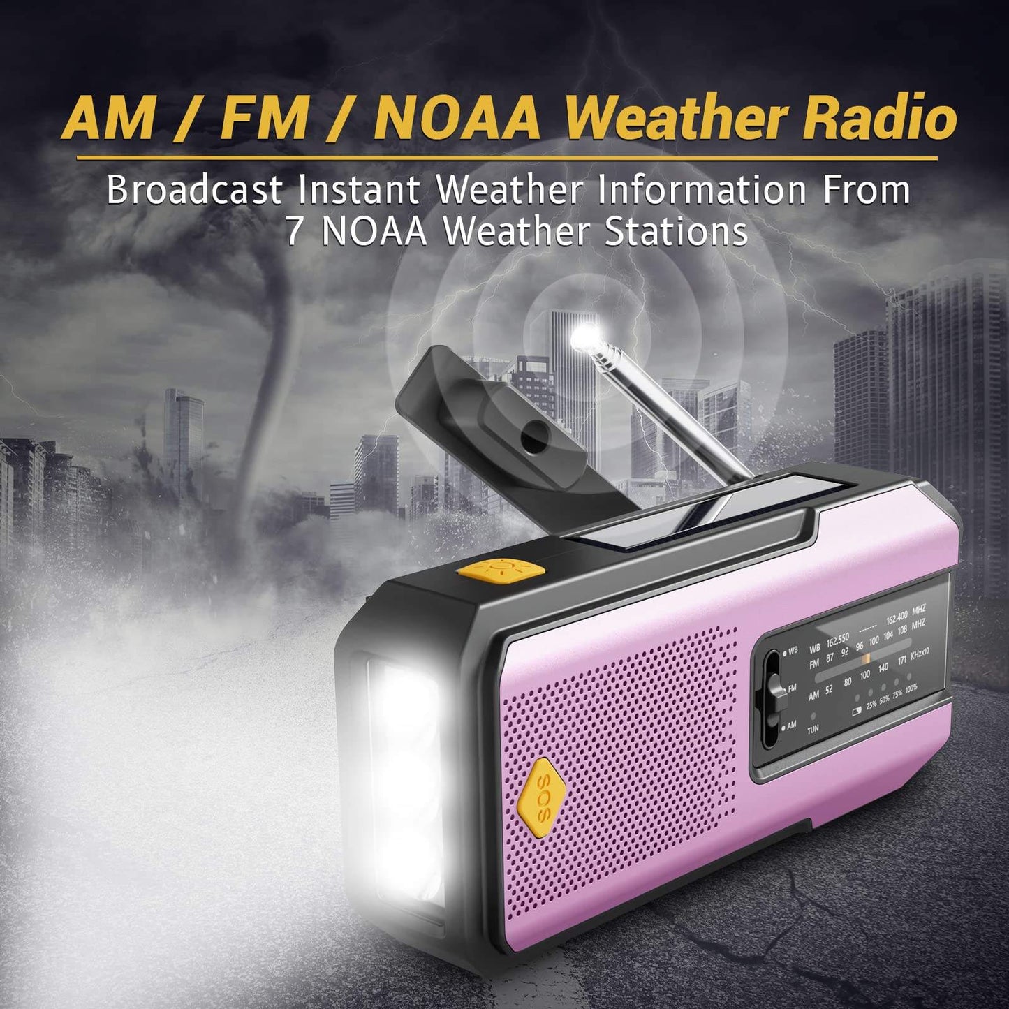 Compact Solar Emergency Weather Radio with 2000mAh Power Bank, AM/FM/NOAA, Front SOS Alarm Button, LED Flashlight, Cell Phone Charger, and Hand Crank