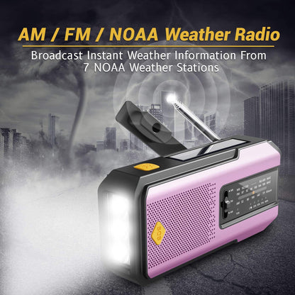 Compact Solar Emergency Weather Radio with 2000mAh Power Bank, AM/FM/NOAA, Front SOS Alarm Button, LED Flashlight, Cell Phone Charger, and Hand Crank
