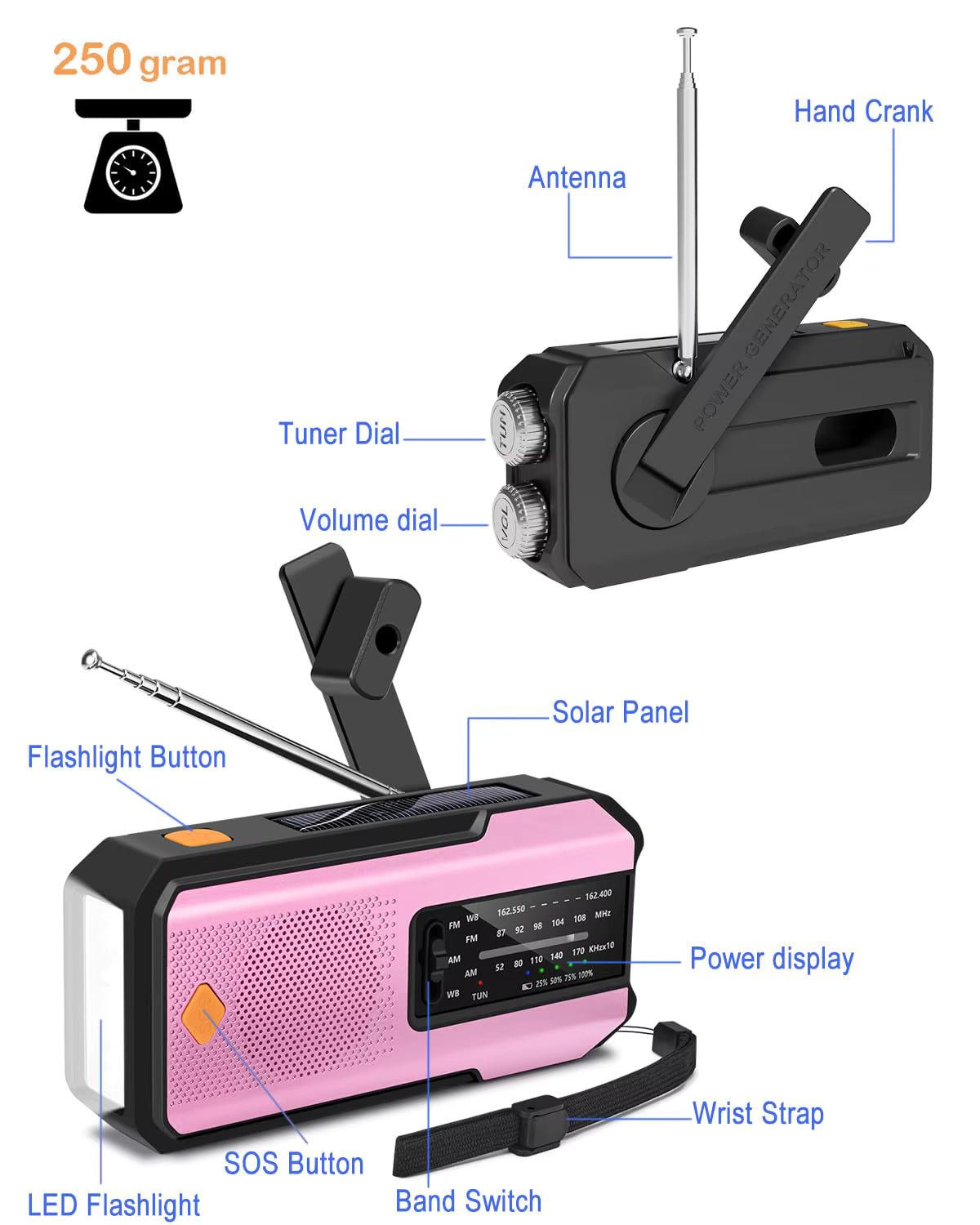 Compact Solar Emergency Weather Radio with 2000mAh Power Bank, AM/FM/NOAA, Front SOS Alarm Button, LED Flashlight, Cell Phone Charger, and Hand Crank