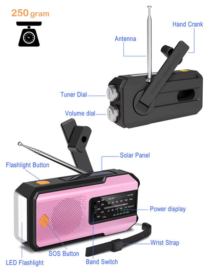 Compact Solar Emergency Weather Radio with 2000mAh Power Bank, AM/FM/NOAA, Front SOS Alarm Button, LED Flashlight, Cell Phone Charger, and Hand Crank