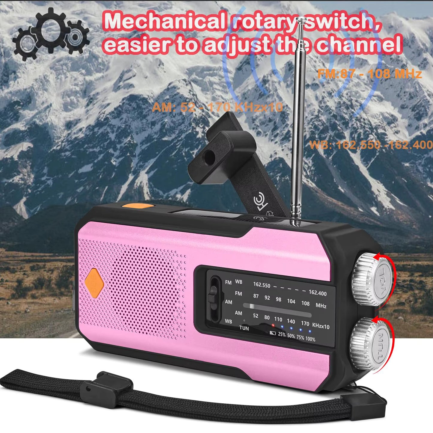 Compact Solar Emergency Weather Radio with 2000mAh Power Bank, AM/FM/NOAA, Front SOS Alarm Button, LED Flashlight, Cell Phone Charger, and Hand Crank