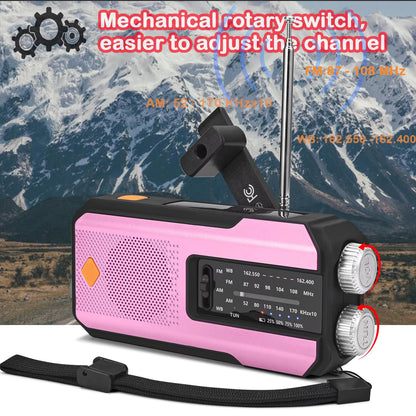 Compact Solar Emergency Weather Radio with 2000mAh Power Bank, AM/FM/NOAA, Front SOS Alarm Button, LED Flashlight, Cell Phone Charger, and Hand Crank