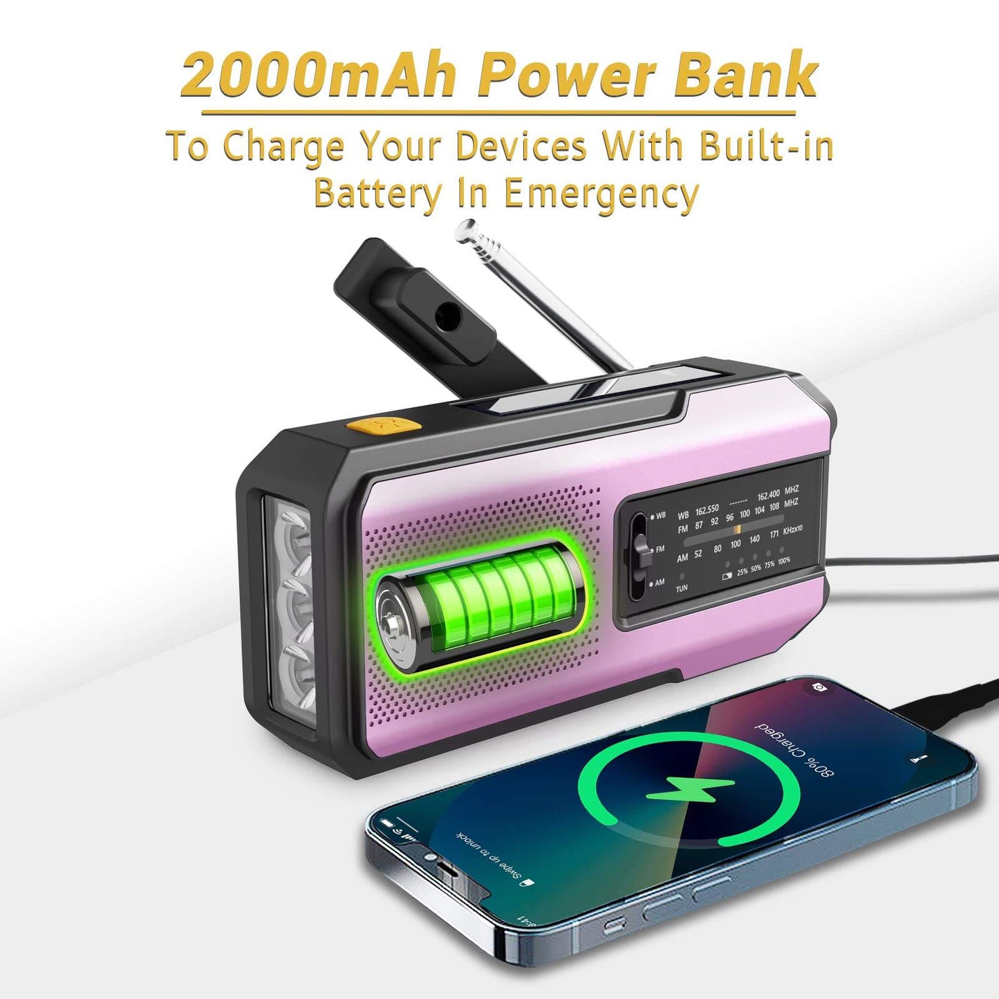 Compact Solar Emergency Weather Radio with 2000mAh Power Bank, AM/FM/NOAA, Front SOS Alarm Button, LED Flashlight, Cell Phone Charger, and Hand Crank