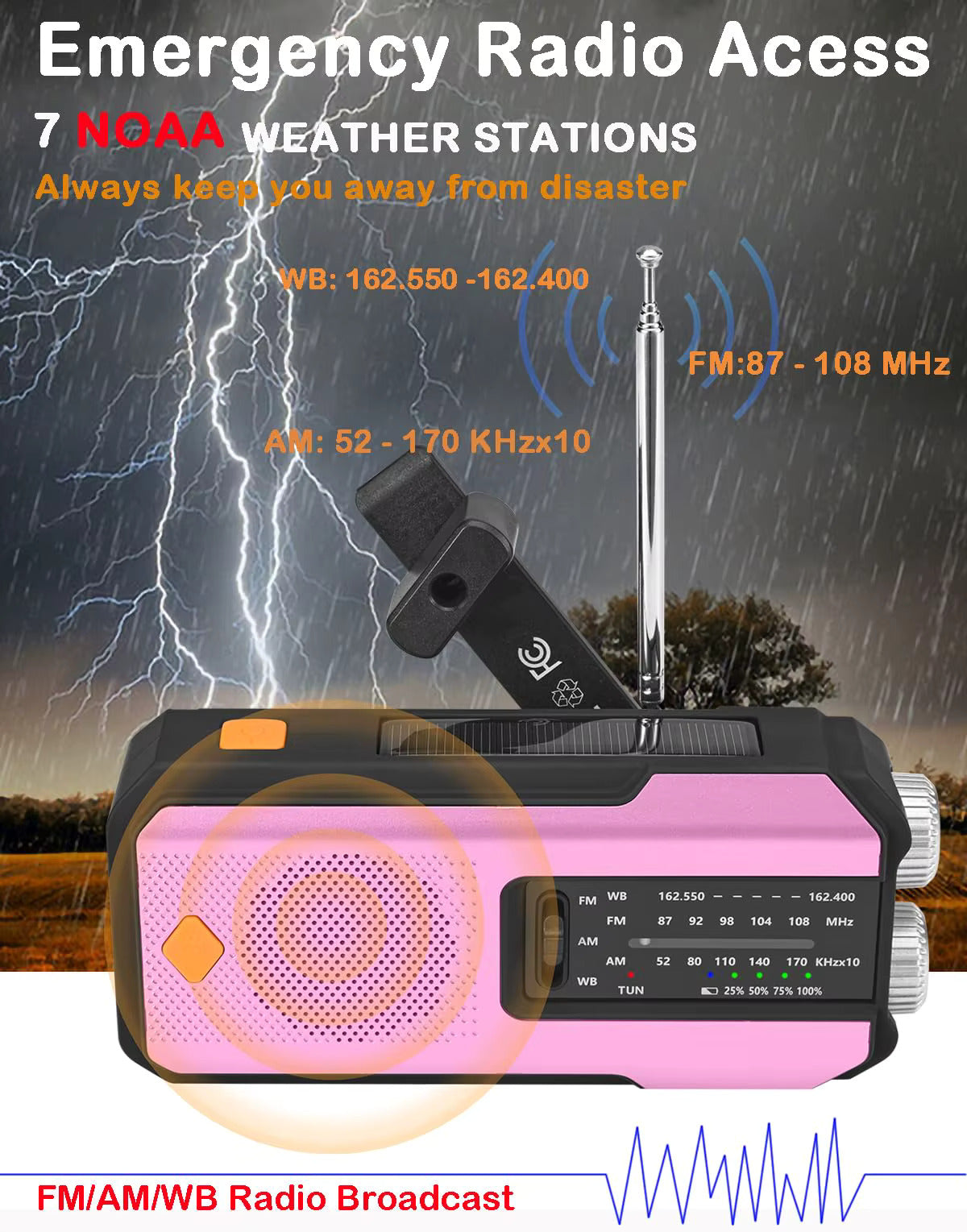Compact Solar Emergency Weather Radio with 2000mAh Power Bank, AM/FM/NOAA, Front SOS Alarm Button, LED Flashlight, Cell Phone Charger, and Hand Crank