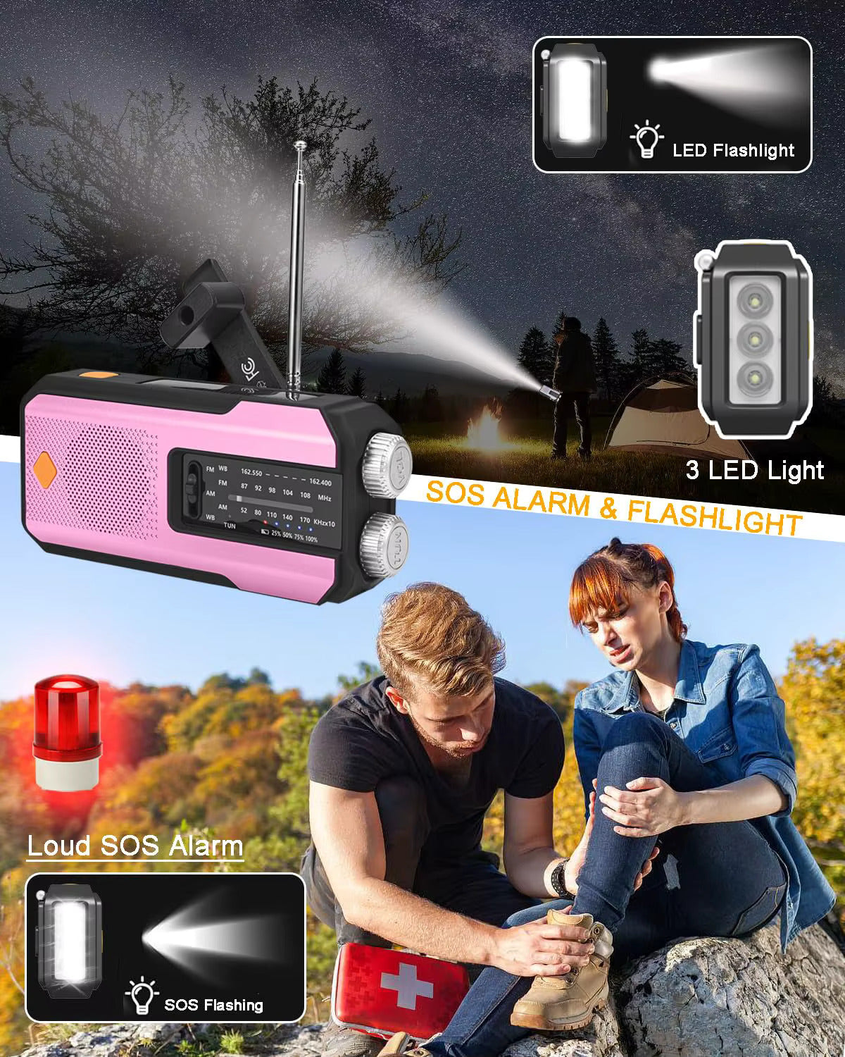 Compact Solar Emergency Weather Radio with 2000mAh Power Bank, AM/FM/NOAA, Front SOS Alarm Button, LED Flashlight, Cell Phone Charger, and Hand Crank