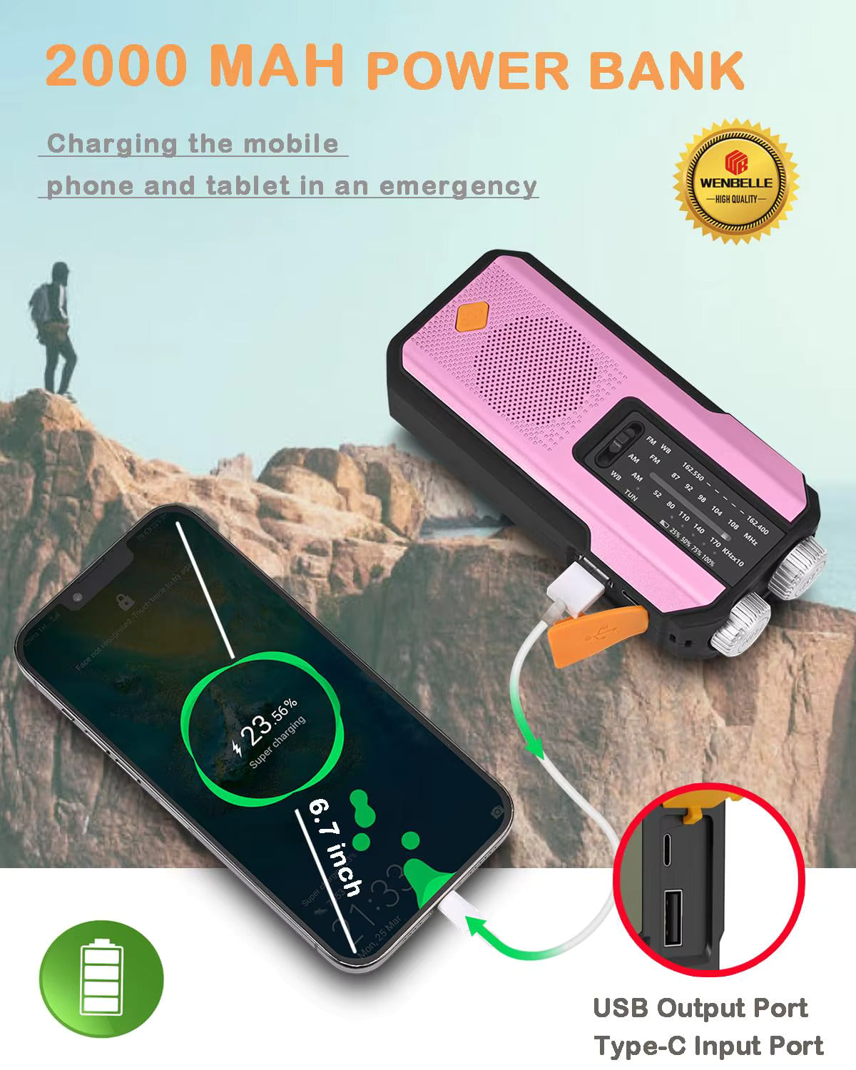 Compact Solar Emergency Weather Radio with 2000mAh Power Bank, AM/FM/NOAA, Front SOS Alarm Button, LED Flashlight, Cell Phone Charger, and Hand Crank