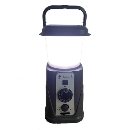 Solar Camping Lantern with AM/FM Radio, Phone Charger, Hand Crank, Hanging Light, SOS Alarm, and 5000mAh Power Bank, Rechargeable plus AAA Battery Backup