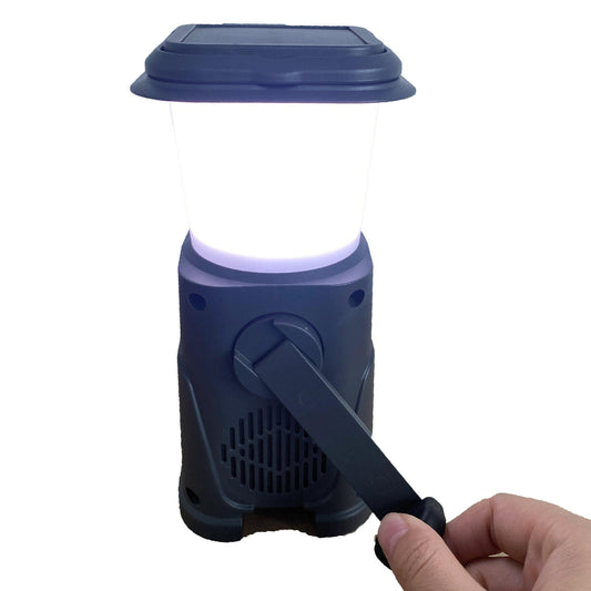 Solar Camping Lantern with AM/FM Radio, Phone Charger, Hand Crank, Hanging Light, SOS Alarm, and 5000mAh Power Bank, Rechargeable plus AAA Battery Backup