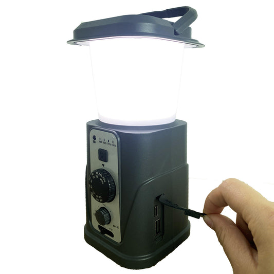Solar Camping Lantern with AM/FM Radio, Phone Charger, Hand Crank, Hanging Light, SOS Alarm, and 5000mAh Power Bank, Rechargeable plus AAA Battery Backup
