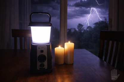 Solar Camping Lantern with AM/FM Radio, Phone Charger, Hand Crank, Hanging Light, SOS Alarm, and 5000mAh Power Bank, Rechargeable plus AAA Battery Backup